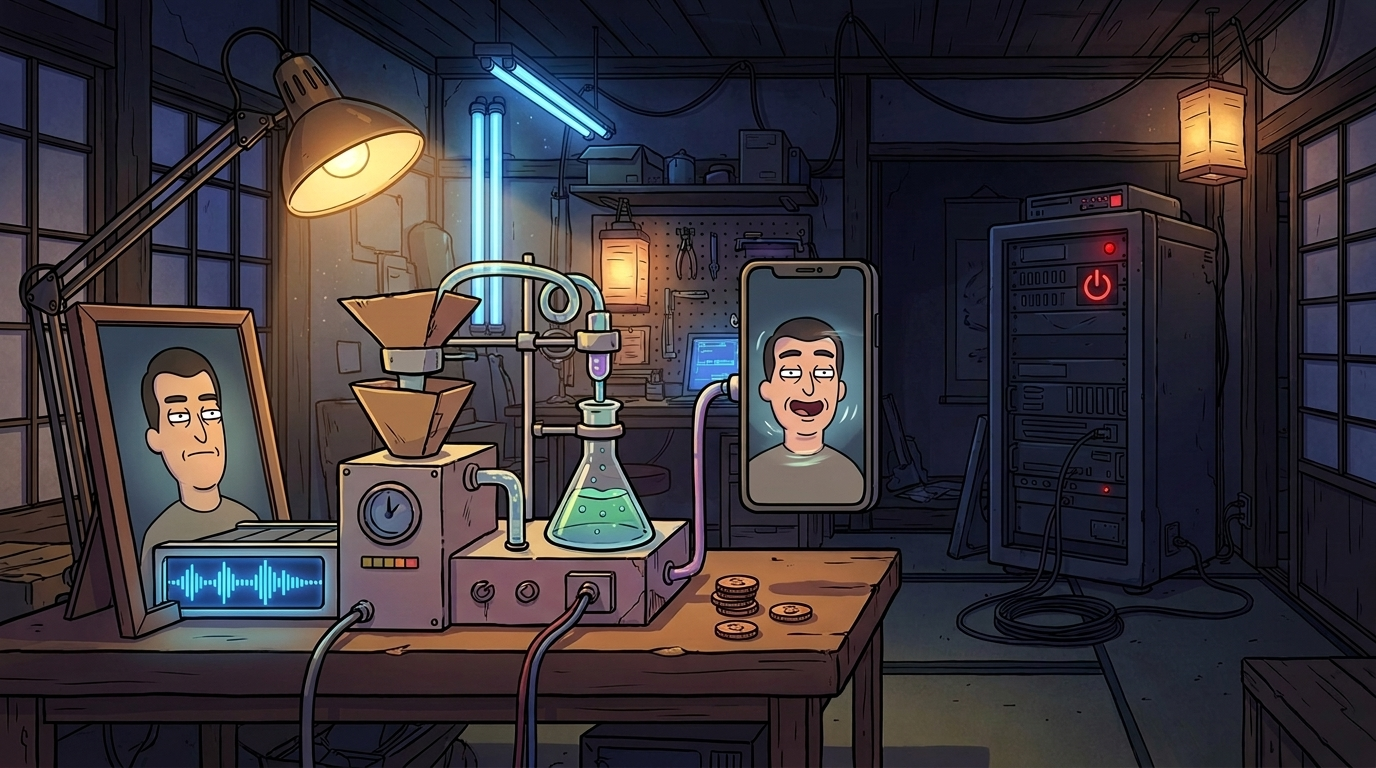 A still portrait wired into a bench rig and coming back out as a talking face on a phone — with a small stack of coins beside it for what the render cost.