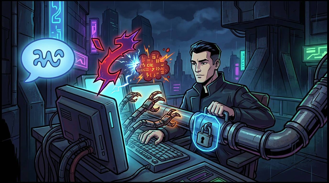 A message leaves the speech bubble as text and lands as a strike of executing code — the padlock is on the arm that typed it, not on the message.