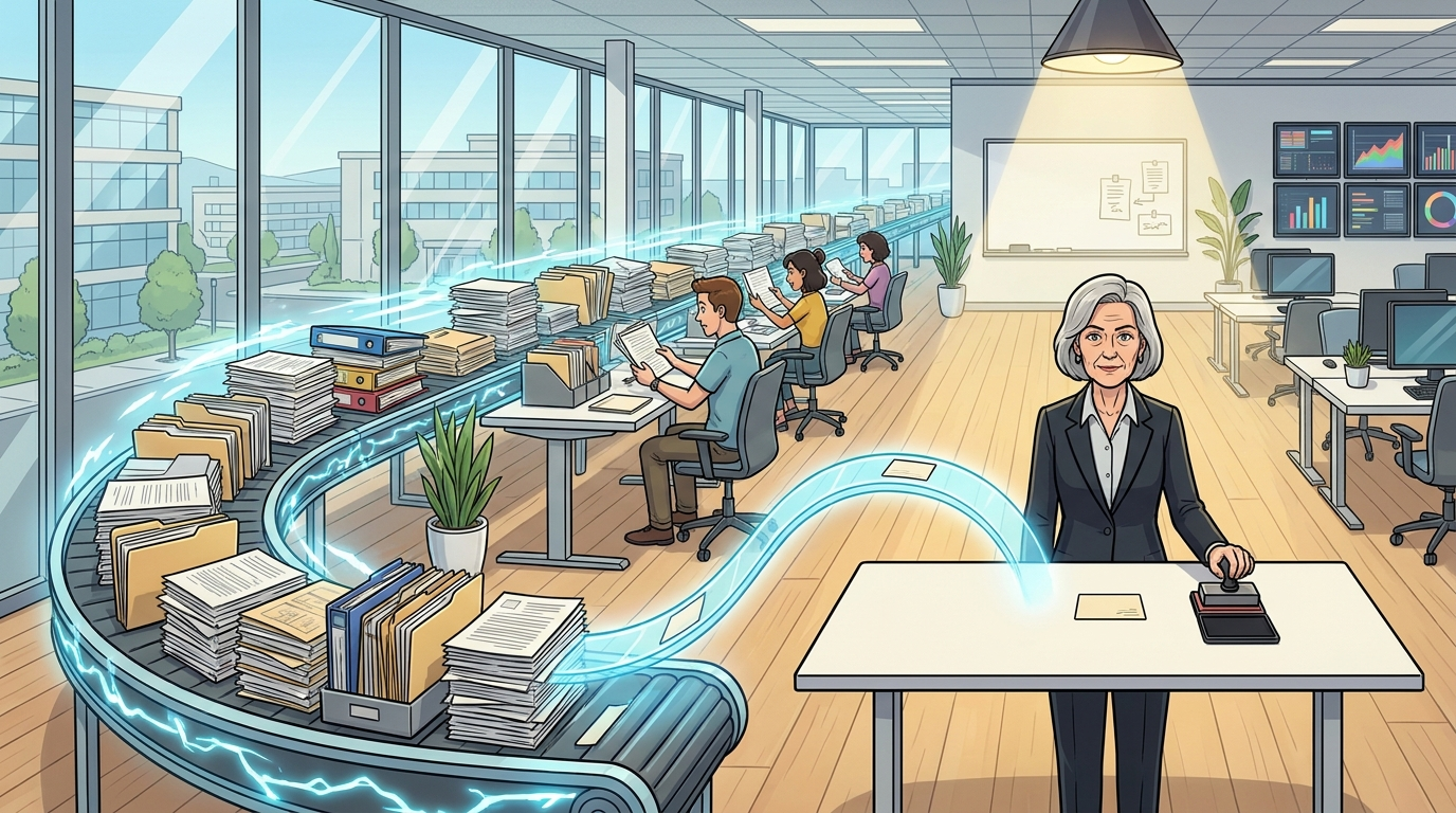 The flood of paperwork rides past the one bare desk to the juniors who catch it; a single card branches up to her — and her hand never leaves the stamp.