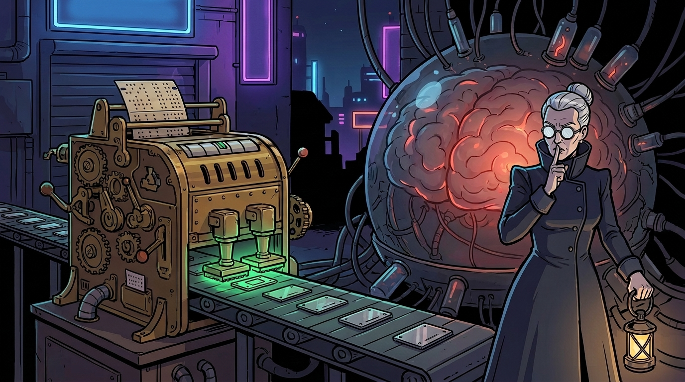 The brass machine on the belt does the work while the big glowing brain stays asleep in its tank — and the keeper holds a finger to her lips.