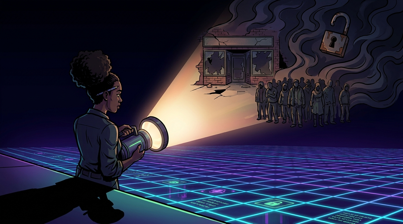 The lit grid ends where the beam is pointed: a boarded storefront and a crowd of people the index never had a tile for.