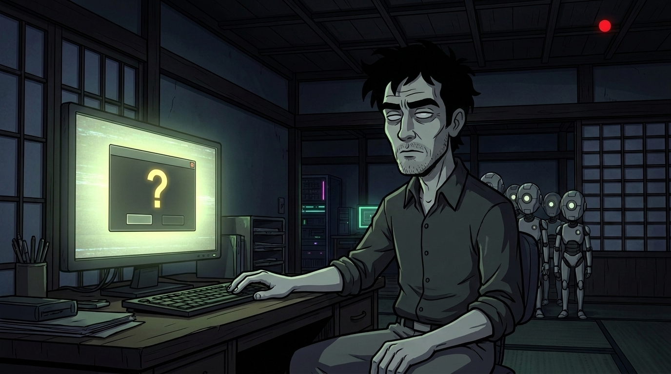 The seat is slumped at the keyboard with a question it never answered still on screen, the robots queued behind it, and the REC light on.