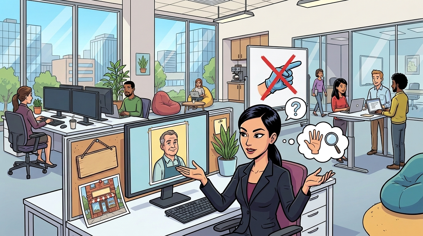 She works from the storefront photo and the public portrait on screen — behind her, the pointing finger is crossed out.