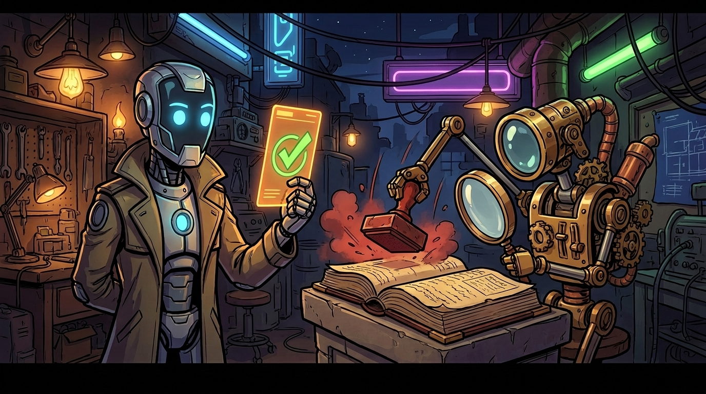 One machine holds up the green check; another drags the ledger under a lens and brings the red stamp down anyway.