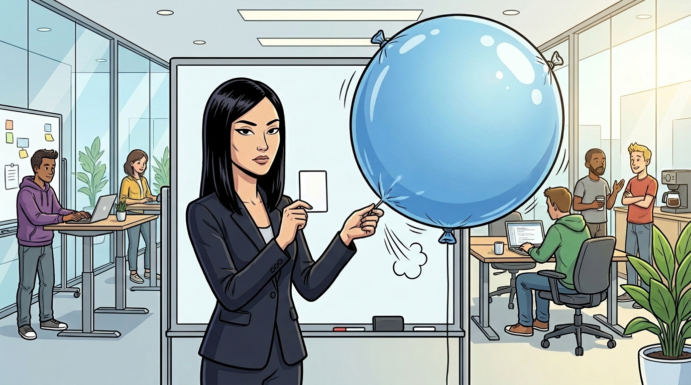 One hand pops the balloon; the other keeps hold of the small plain card that was true all along.