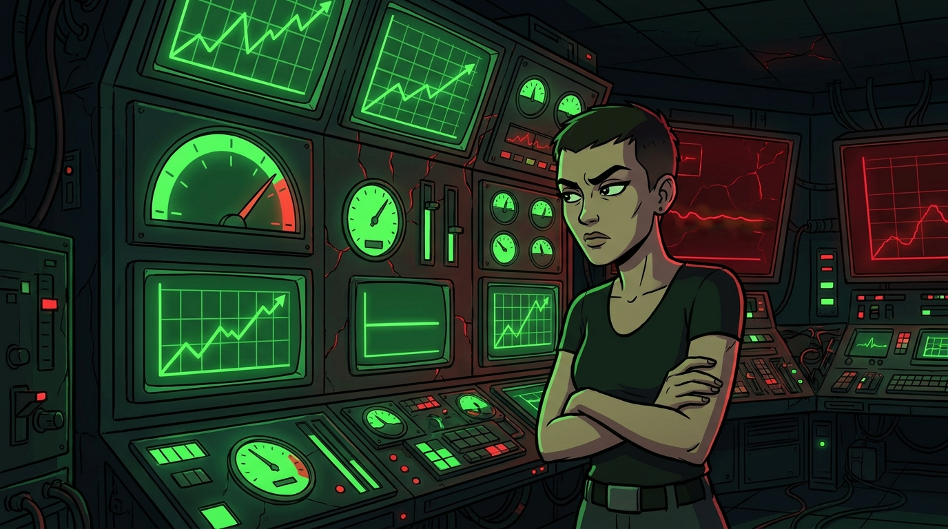 A wall of green climbing charts, one flat line in the middle of them, and the red screens off at the edge where nobody's dial is pointing.