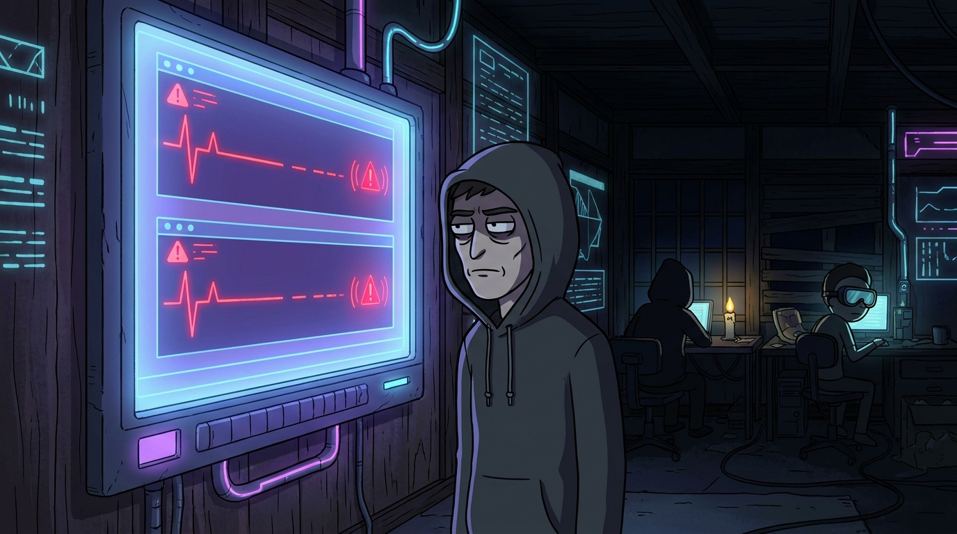 Two traces, two flatlines, the same warning at the end of each — and the room still working around them.