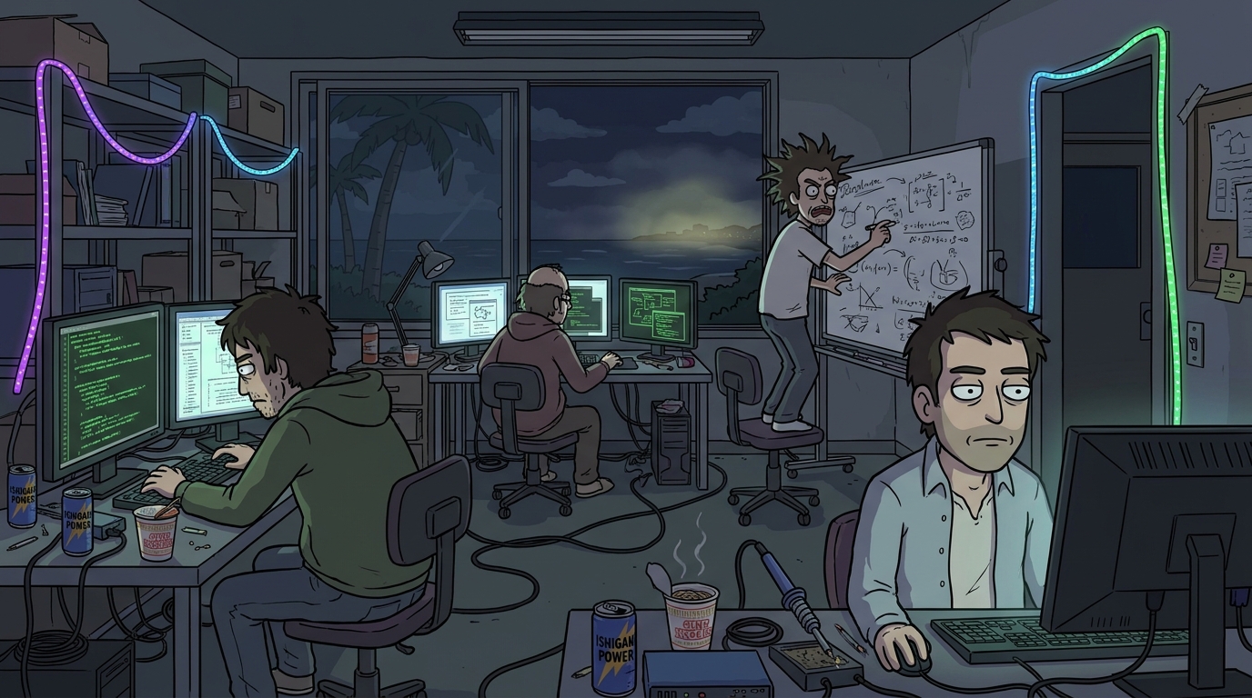 The code lab — an engineering workspace in the Okinawan minka office.