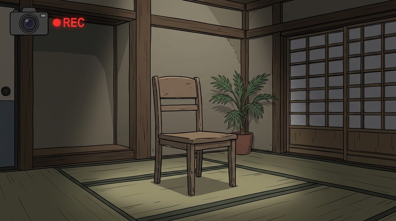 The Inside the Triad confession-cam set — an empty chair in a dim Okinawan washitsu, REC light on.